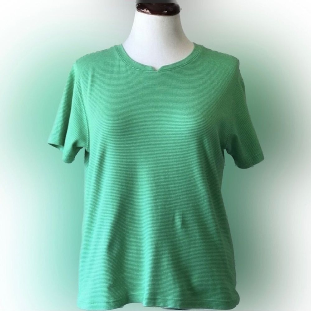 Westbound II Womens 1X Green Striped Short Sleeve Cotton Tee Shirt‎ Notch Neck
